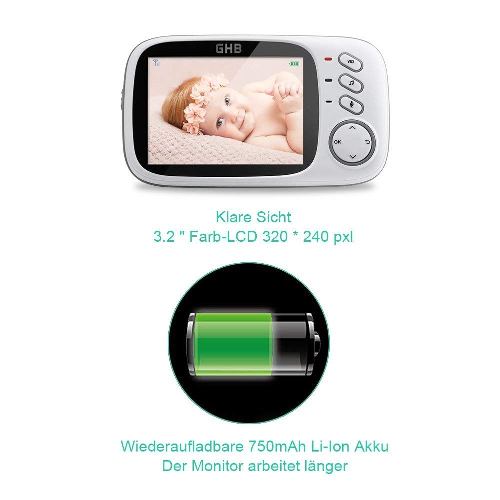GHB Babyphone 3,2 Zoll Smart Baby Monitor mit TFT LCD Bildschirm Nachtsichtkamer 