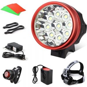 GHB Bike Headlight 9LED 15000LM MTB Headlight 3 Modes with 250M Lamp Range Rechargeable Waterproof IPX-5 with Rear Light and Reflective Stickers to Attach to Tires