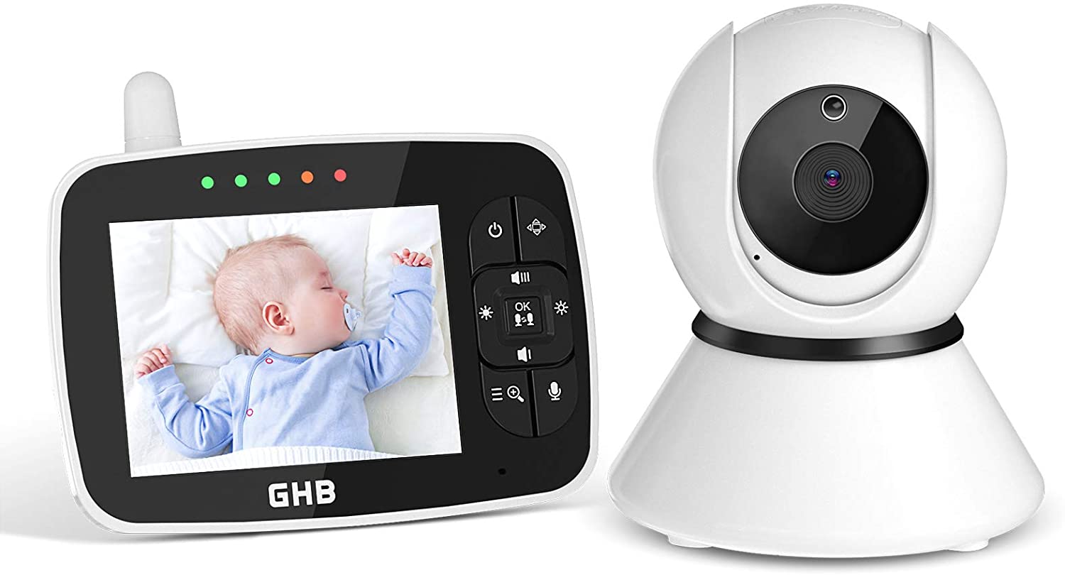 GHB Baby Monitor with Camera and Audio Pan-Tilt-Zoom Baby Camera Monitor  3.5″ Night Vision, Two-Way Audio, Lullaby Player with Wall Mount – GHB