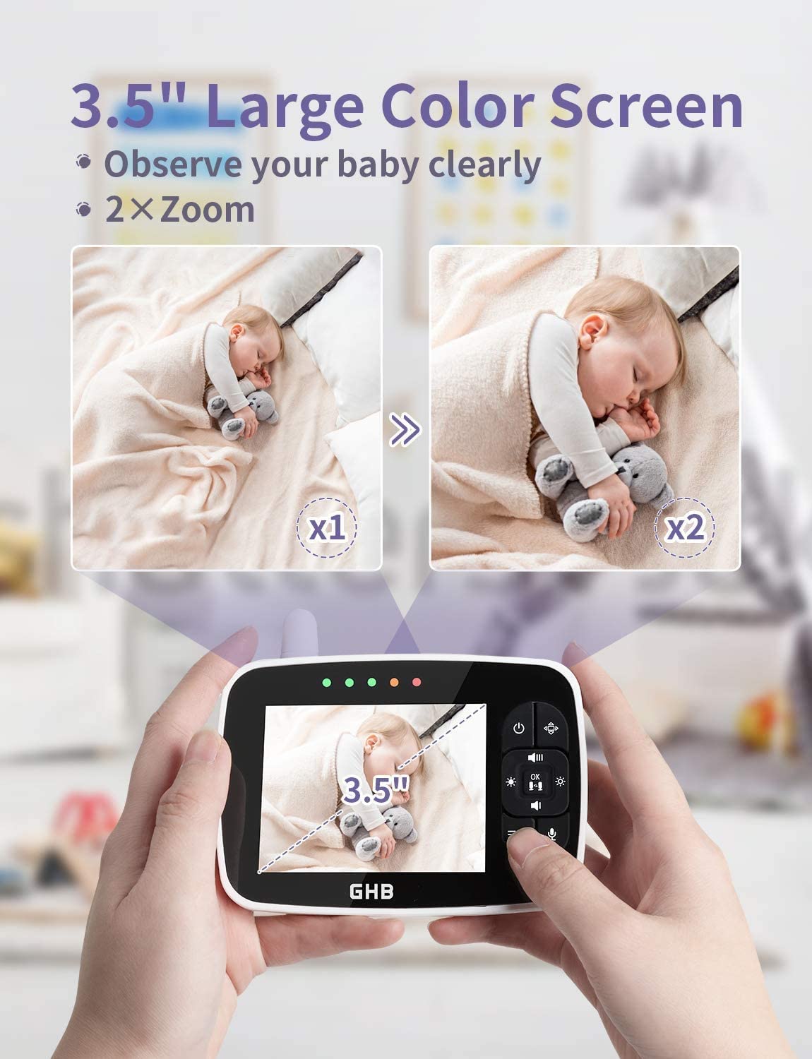 GHB Baby Monitor with Camera and Audio 5 HD 720P Remote Pan-Tilt-Zoom  Support up to 4 Cameras 980ft Range 3020mAh Night Vision Temperature Sensor  