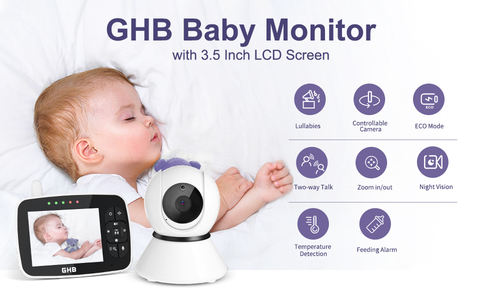 GHB Baby Monitor with Camera and Audio Pan-Tilt-Zoom Baby Camera Monitor  3.5″ Night Vision, Two-Way Audio, Lullaby Player with Wall Mount – GHB