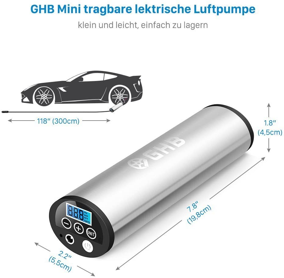 GHB Mini Auto-Luftpumpe Elektrischer Luftverdichter für Fahrrad Ball Ballon  150 PSI Portabel Aufladbar mit LCD-Display (Verpackung MEHRWEG) – GHB