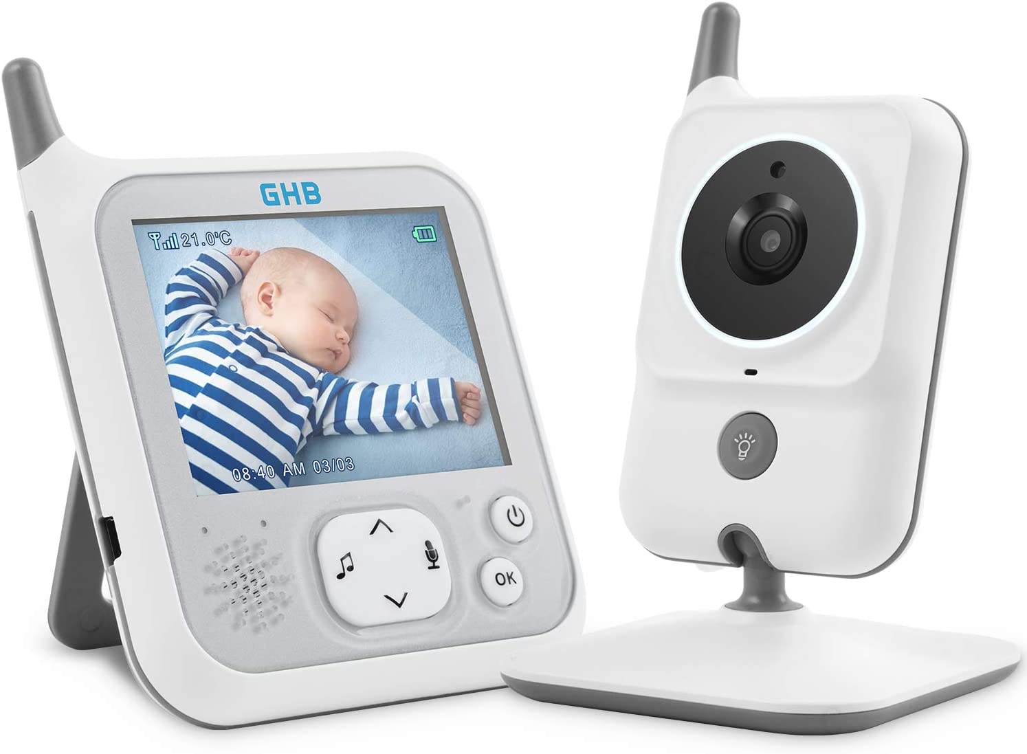 GHB Baby Monitor with Camera and Audio 5 HD 720P Remote Pan-Tilt-Zoom  Support up to 4 Cameras 980ft Range 3020mAh Night Vision Temperature Sensor  